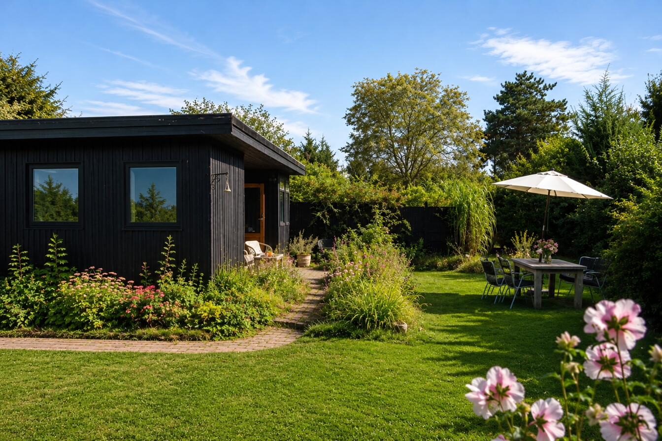 Det sorte træhus i den vilde have med parasol – sommerhus Vejby Strand, Nordsjælland